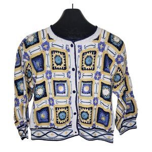 Vintage 80s Peruvian Connection Granny Square Patchwork Cardigan Sweater Womens